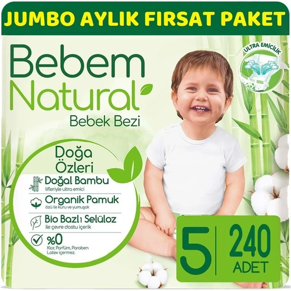 Bebem Bebek Bezi Natural Beden:5 (11-18Kg) Junior 240 Adet Aylık Ultra Fırsat Pk ürün görseli