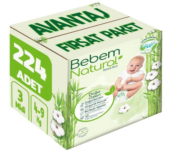Bebem Bebek Bezi Natural Beden:3 (4-9Kg) Midi 224 Adet Avantaj Fırsat Pk ürün görseli