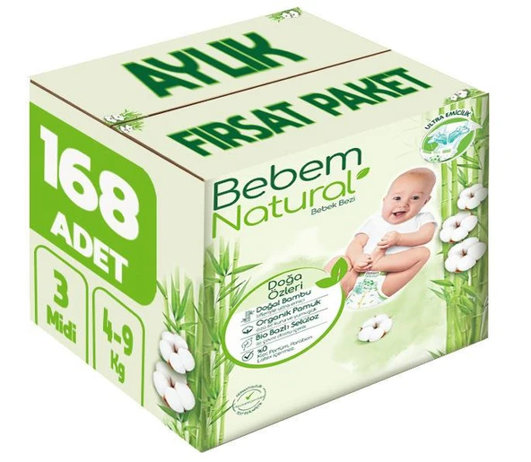 Bebem Bebek Bezi Natural Beden:3 (4-9Kg) Midi 168 Adet Aylık Fırsat Pk ürün görseli