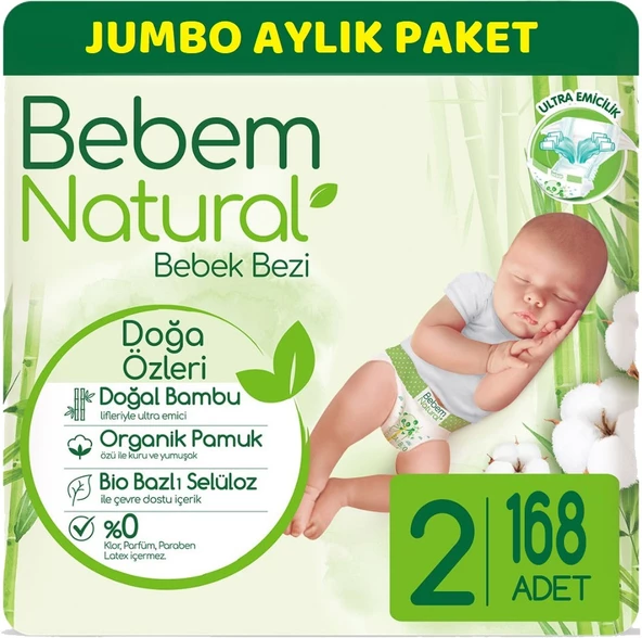 Bebem Bebek Bezi Natural Jumbo Aylık Pk Beden:2 (3-6Kg) Mini 168 Adet