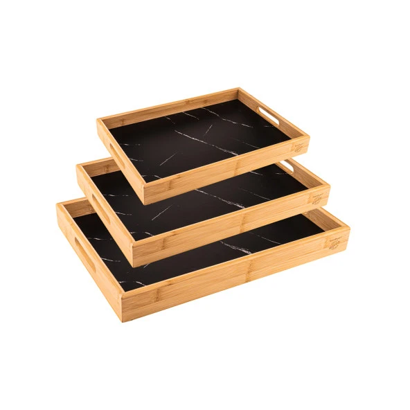 Marbella - 3'lü Mermer Desenli Tepsi Lacivert - 2