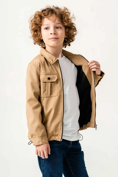 Çift Göğüs Cepli Fermuarlı Lastikli Ayarlanabilir Bel Erkek Çocuk Ceket - 4