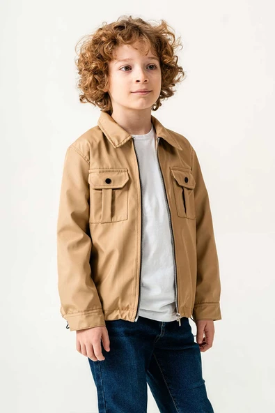 Çift Göğüs Cepli Fermuarlı Lastikli Ayarlanabilir Bel Erkek Çocuk Ceket - 3