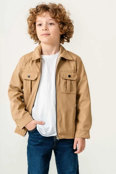 Çift Göğüs Cepli Fermuarlı Lastikli Ayarlanabilir Bel Erkek Çocuk Ceket