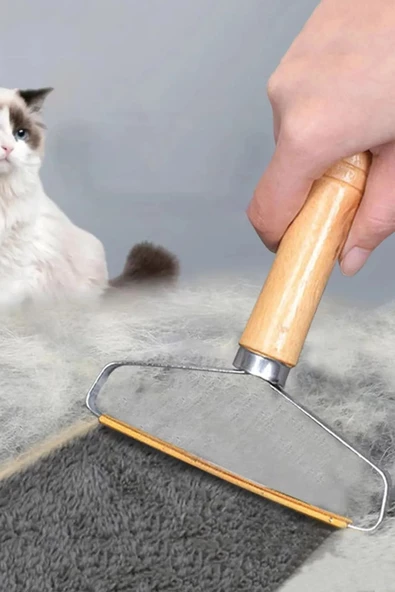 Periboia Ahşap Saplı Metal Kazak - Elbise - Halı Tüyü Temizleme Çift Taraflı Tüy Tiftik Toparlayıcı - 3