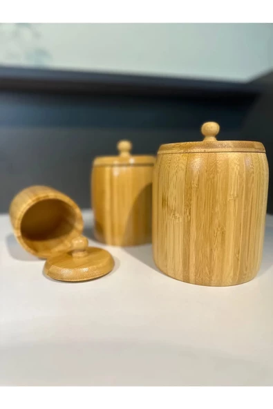Periboia 1 Adet Bambu Ahşap Kavanoz - Saklama Kabı- Baharatlık (11 x 8 cm)