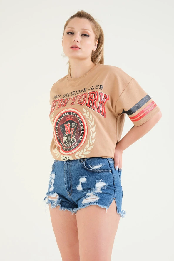 Kadın Baskılı Oversize T-Shirt Camel