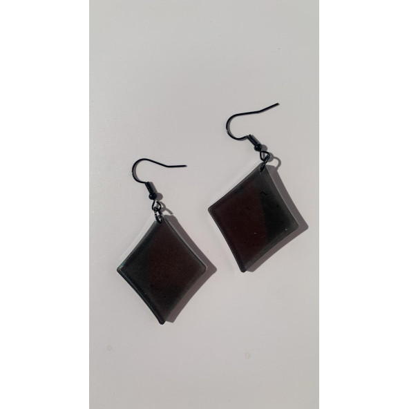 Füme Renk Simli Sedefli Siyah Aksesuar Karo Dörtgen Şekil 4 Cm Epoksi Küpe Hediyelik ürün görseli