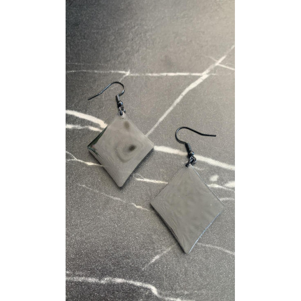 Füme Renk Simli Sedefli Siyah Aksesuar Karo Dörtgen Şekil 4 Cm Epoksi Küpe Hediyelik - Resim 2