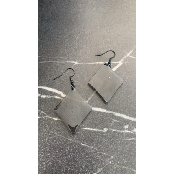 Füme Renk Simli Sedefli Siyah Aksesuar Karo Dörtgen Şekil 4 Cm Epoksi Küpe Hediyelik - Resim 5