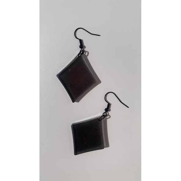 Füme Renk Simli Sedefli Siyah Aksesuar Karo Dörtgen Şekil 4 Cm Epoksi Küpe Hediyelik - Resim 6