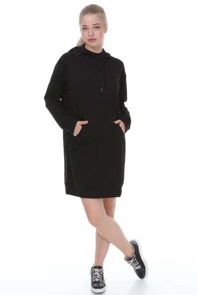 Palena - PLNA4550 - Büyük Beden Kapüşonlu Kanguru Cepli Uzun Sweatshirt - Beden Siyah & Kol Siyah