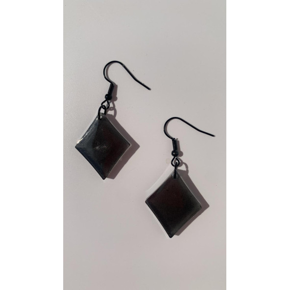 Füme Renk Simli Sedefli Siyah Aksesuar Karo Dörtgen Şekil 3 Cm Epoksi Küpe Hediyelik - Resim 3