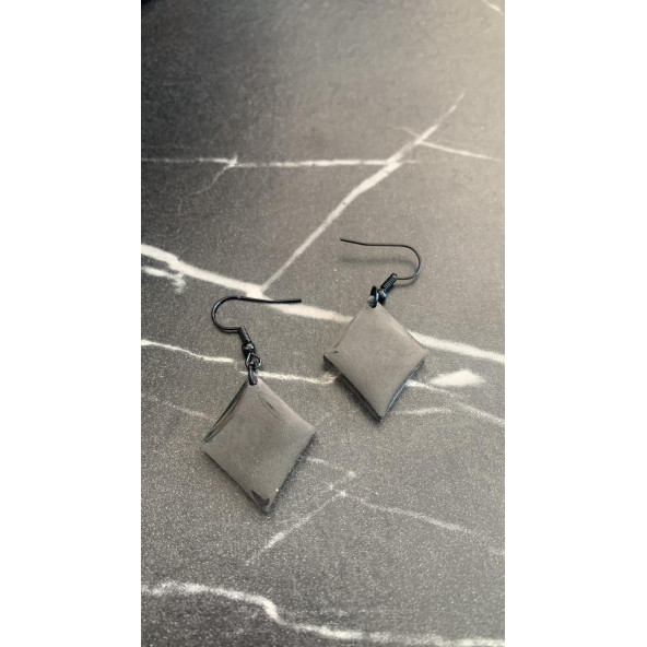 Füme Renk Simli Sedefli Siyah Aksesuar Karo Dörtgen Şekil 3 Cm Epoksi Küpe Hediyelik - Resim 5