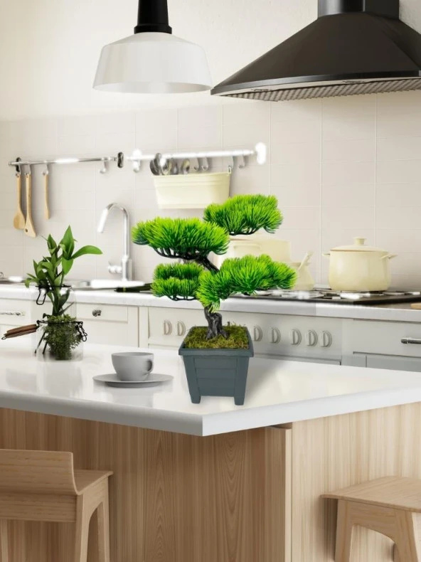 Nettenevime Bonsai Dekoratif Yapay Ağaç Yeşil Bonzai 39*25 CM Siyah Kare Saksıda - Resim 4