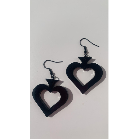 Parlak Siyah Renkli Siyah Aksesuarlı Maça İçi Boş Model 5 Cm Epoksi Küpe El Yapımı Hediyelik - Resim 2