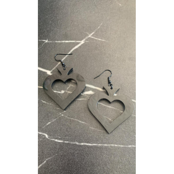 Parlak Siyah Renkli Siyah Aksesuarlı Maça İçi Boş Model 5 Cm Epoksi Küpe El Yapımı Hediyelik - Resim 6