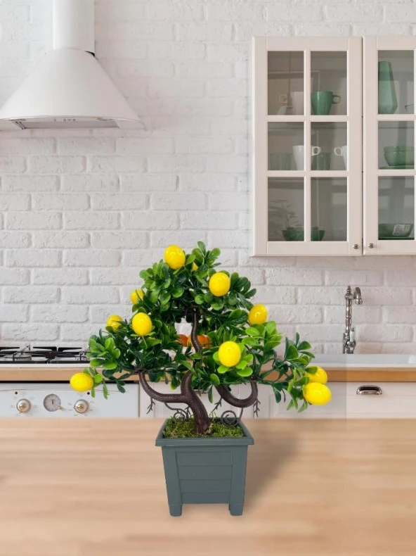 Nettenevime Bonsai Limon Ağacı Dekoratif Yapay Ağaç Yeşil Bonzai 28*23 CM Siyah Kare Saksıda - Resim 4