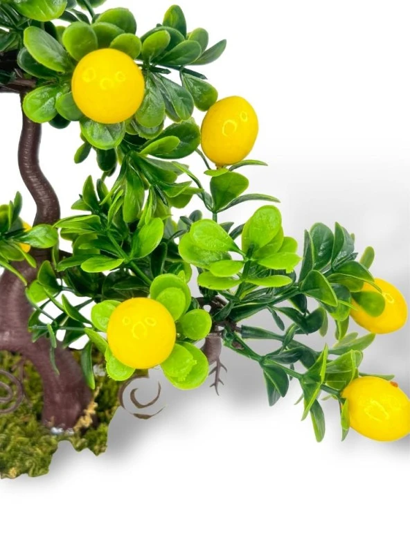 Nettenevime Bonsai Limon Ağacı Dekoratif Yapay Ağaç Yeşil Bonzai 28*23 CM Siyah Kare Saksıda - Resim 8