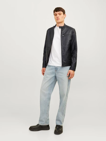 JACK JONES Erkek Siyah Renk Bıker Deri Ceket 12261196 - 4