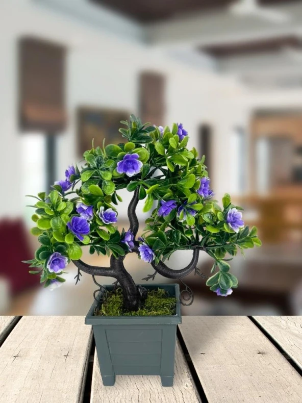 Nettenevime Yapay Çiçek Mor Çiçekli Bonsai Ağacı Dekoratif Yapay Ağaç Bonzai 29*24 CM Siyah Kare Saksıda - Resim 3