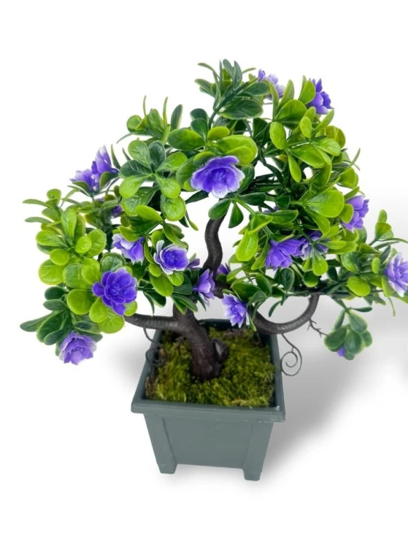 Nettenevime Yapay Çiçek Mor Çiçekli Bonsai Ağacı Dekoratif Yapay Ağaç Bonzai 29*24 CM Siyah Kare Saksıda - Resim 5