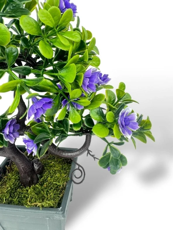 Nettenevime Yapay Çiçek Mor Çiçekli Bonsai Ağacı Dekoratif Yapay Ağaç Bonzai 29*24 CM Siyah Kare Saksıda - Resim 6