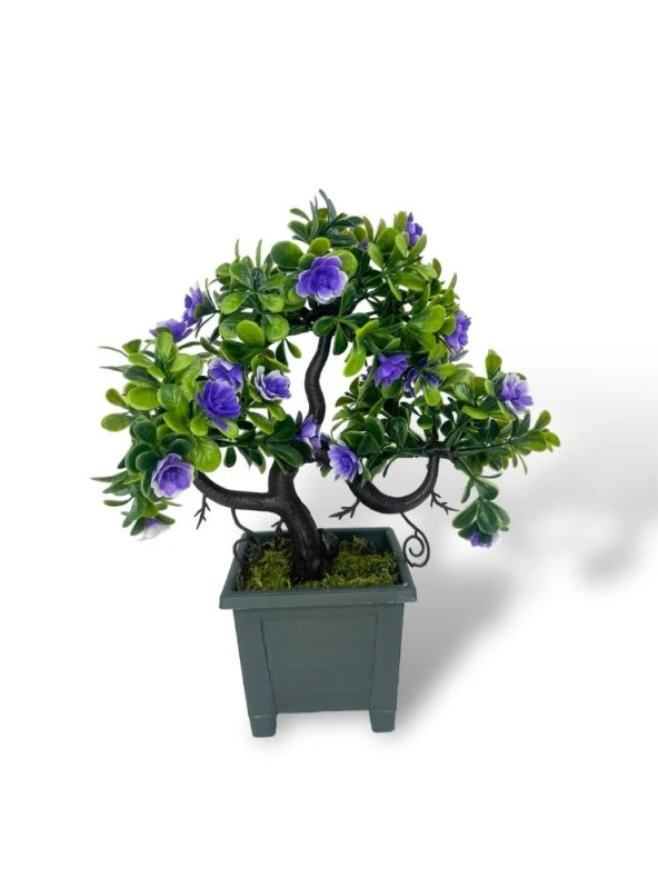 Nettenevime Yapay Çiçek Mor Çiçekli Bonsai Ağacı Dekoratif Yapay Ağaç Bonzai 29*24 CM Siyah Kare Saksıda - Resim 7