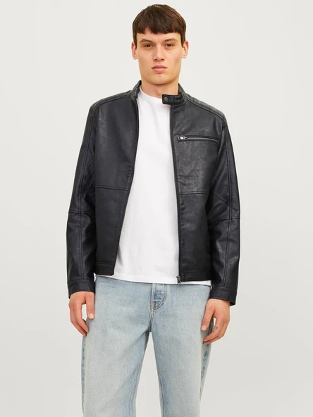 JACK JONES Erkek Siyah Renk Bıker Deri Ceket 12261196 - 2