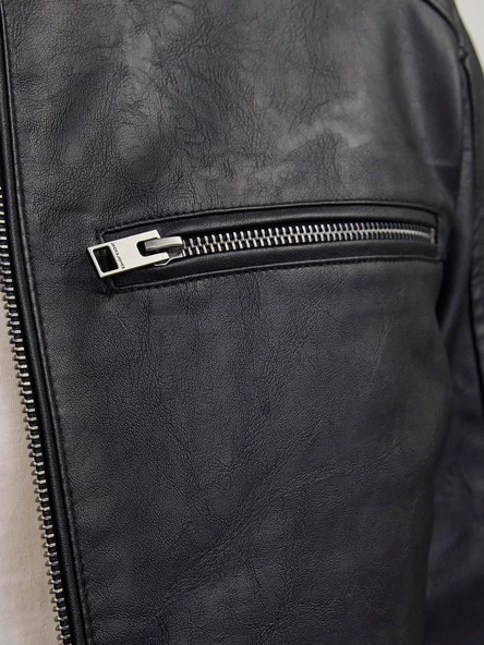 JACK JONES Erkek Siyah Renk Bıker Deri Ceket 12261196 - 5