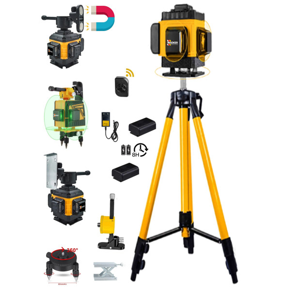 Wacker Pro Çizgi Hizalama Artı Lazer Terazi Yeşil Işık Distomat 12 Köşe Kumandalı Mıknatıslı 2 Akülü 360 Derece + 1.5 Mt Tripod Ayak 40 Mt Menzil