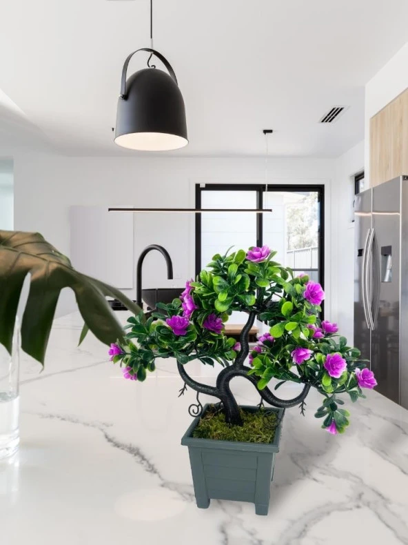 Nettenevime Yapay Çiçek Lila Çiçekli Bonsai Ağacı Dekoratif Yapay Ağaç Bonzai 29*24 CM Siyah Kare Saksıda - Resim 2