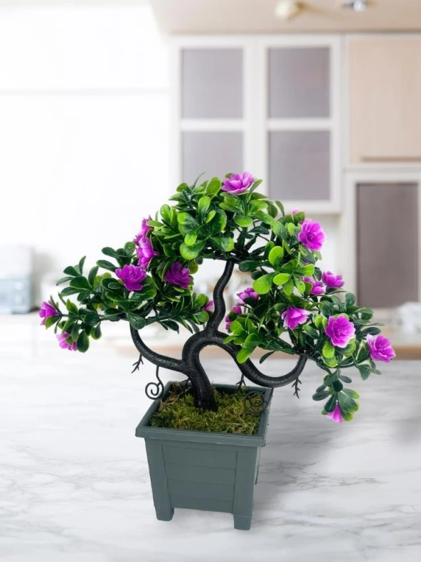 Nettenevime Yapay Çiçek Lila Çiçekli Bonsai Ağacı Dekoratif Yapay Ağaç Bonzai 29*24 CM Siyah Kare Saksıda - Resim 3