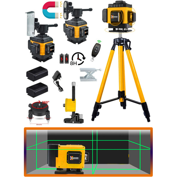 Wacker Pro Germany 16 Köşe Çizgi Hizalama Distomat Artı Lazer Terazi Yeşil Işık 45 Mt Menzil 360 Derece Kumandalı Çantalı + 1.5 mt Tripod Ayak