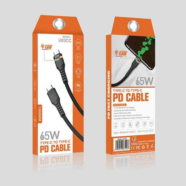 Zhltools Led Işıklı 65W Type-C to Type-C Hızlı Şarj Kablosu 1 Metre - Resim 7