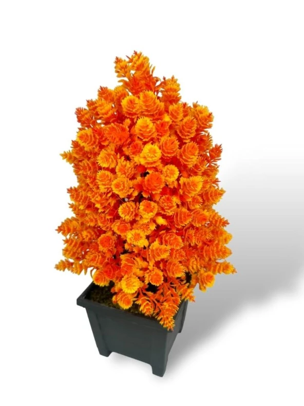 Yapay Çiçek Bonsai Ağacı Turuncu Kozalak Model Dekoratif Yapay Ağaç Bonzai 30*15 CM Siyah Kare Saksıda