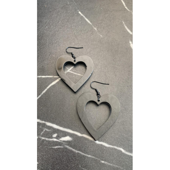 Parlak Siyah Renkli Siyah Aksesuarlı Kalp Kupa İçi Boş Model 5 Cm Epoksi Küpe El Yapımı Hediyelik - 2