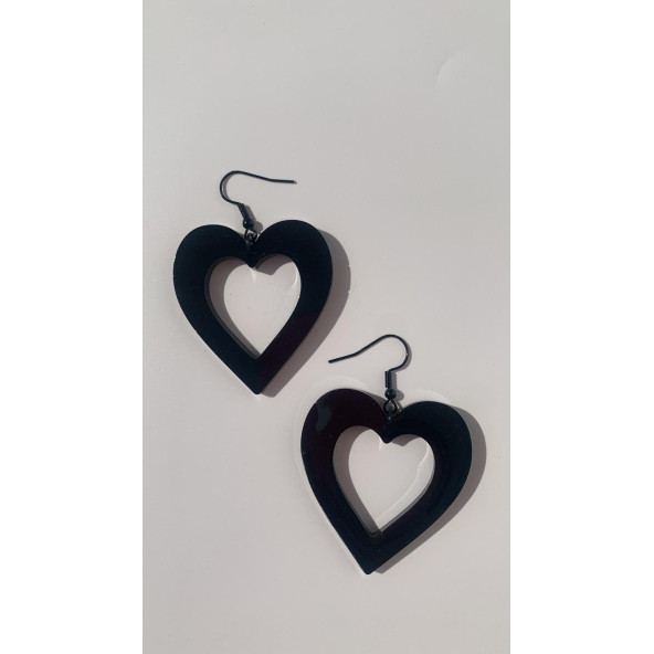 Parlak Siyah Renkli Siyah Aksesuarlı Kalp Kupa İçi Boş Model 5 Cm Epoksi Küpe El Yapımı Hediyelik - 5