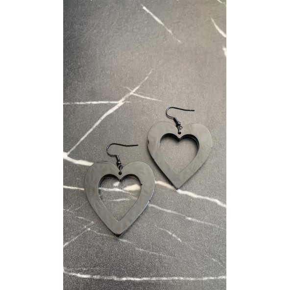 Parlak Siyah Renkli Siyah Aksesuarlı Kalp Kupa İçi Boş Model 5 Cm Epoksi Küpe El Yapımı Hediyelik - 8