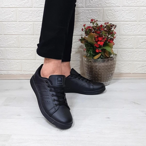 Bestof 041 Siyah-Siyah Sneaker Düz Taban Spor Ayakkabı - 5