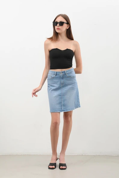 Kadın Düz Dar Jean Etek Açık Mavi - 2