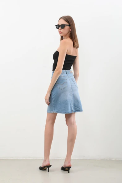 Kadın Düz Dar Jean Etek Açık Mavi - 5