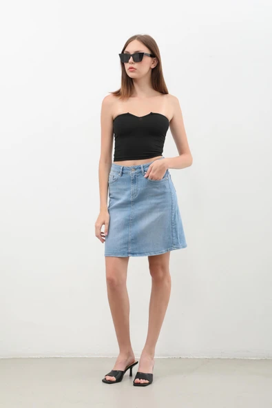 Kadın Düz Dar Jean Etek Açık Mavi - 3