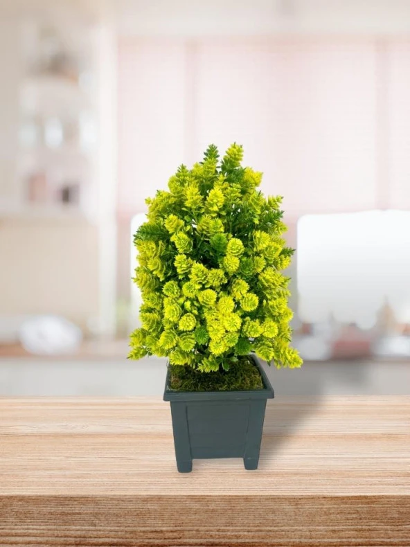 Nettenevime Yapay Çiçek Bonsai Ağacı Sarı Kozalak Model Dekoratif Yapay Ağaç Bonzai 30*15 CM Siyah Kare Saksıda - 5