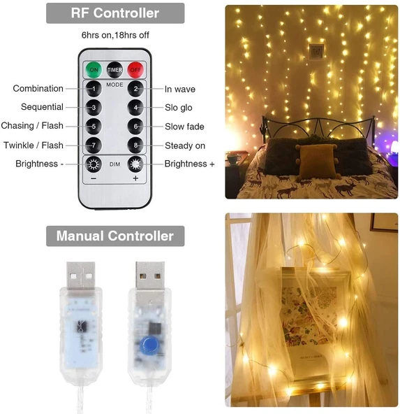 Hidz Perde Led- 3x3 Metre - 8 Fonksiyonlu - USB - Kancalı - 11