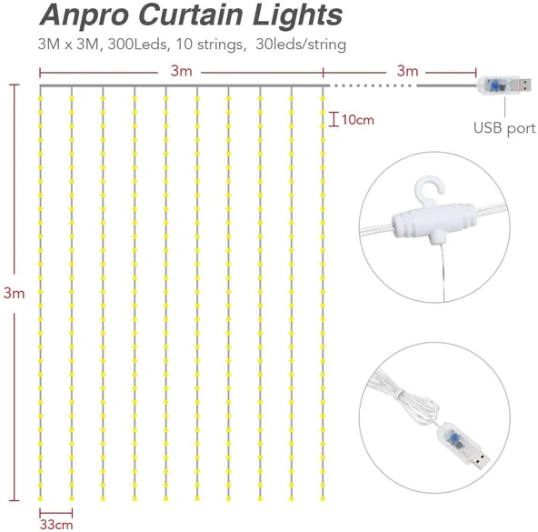 Hidz Perde Led-  3x3 Metre - 8 Fonksiyonlu - USB - Kancalı - 12