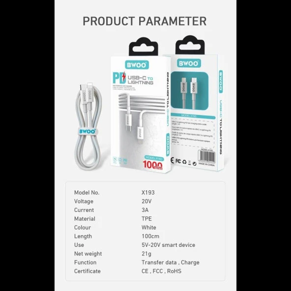 USB C - Lightning Kablosu PD 18W - Beyaz 1m - 3