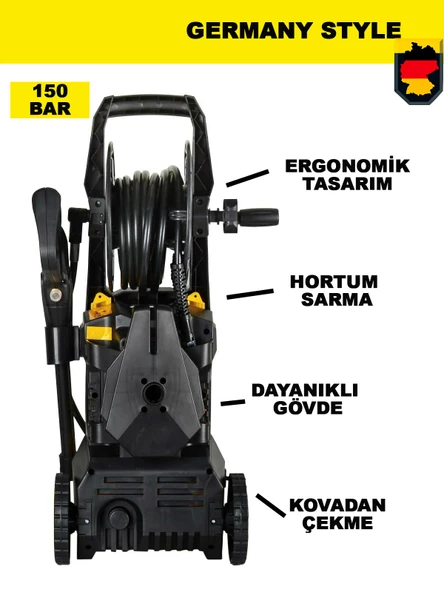 Germany Style GRM150 Max 150 Bar Bakır Sargılı Musluk ve Kovadan Çekme Yüksek Basınçlı Bahçe Oto Yıkama Makinesi - 3