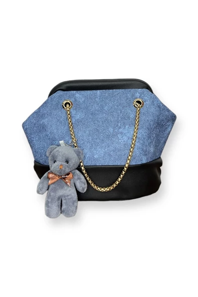 Me-vo Kadın Siyah Renkli Ayıcık Aksesuarlı Denim Desenli Omuz Çantası ürün görseli