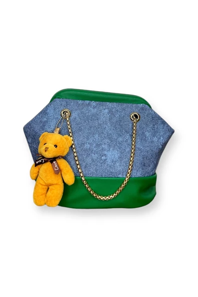 Me-vo Kadın Yeşil Renkli Ayıcık Aksesuarlı Denim Desenli Omuz Çantası ürün görseli